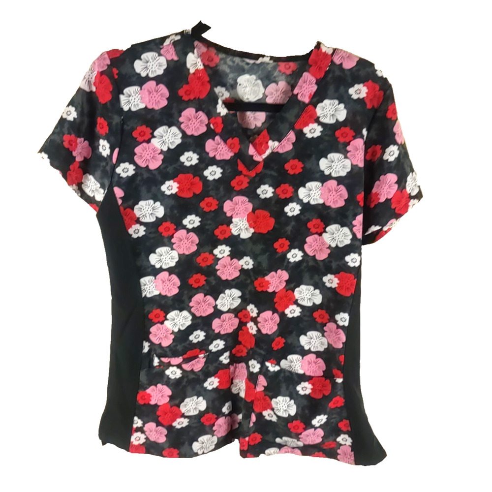 Devine Stretch Women's Scrub Top Size S Black Gray Pink Red Flowers Poppies...